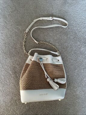 Anne Klein Cream and Brown Woven Drawstring Crossbody Bucket Bag